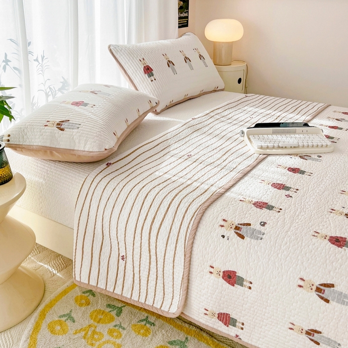 91家纺网 家纺一手货源 找家纺 茉夕家纺 2026新款春季双面纯棉印花单品床盖单件床盖 蘑菇兔