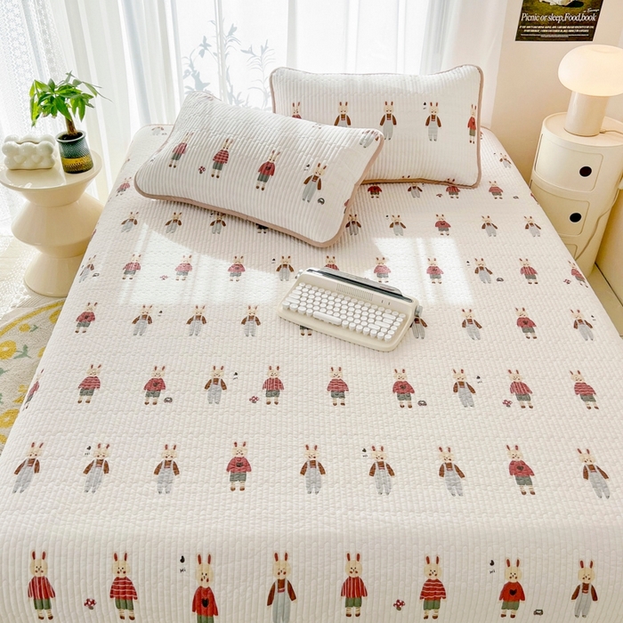 91家纺网 家纺一手货源 找家纺 茉夕家纺 2026新款春季双面纯棉印花单品床盖单件床盖 蘑菇兔