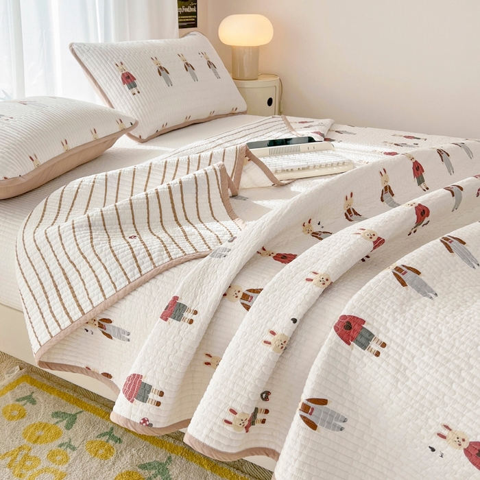 91家纺网 家纺一手货源 找家纺 茉夕家纺 2026新款春季双面纯棉印花单品床盖单件床盖 蘑菇兔