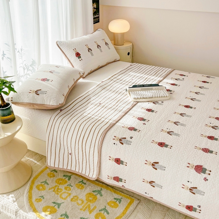 91家纺网 家纺一手货源 找家纺 茉夕家纺 2026新款春季双面纯棉印花单品床盖单件床盖 蘑菇兔