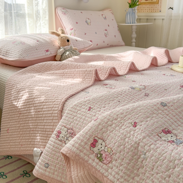 91家纺网 家纺一手货源 找家纺 茉夕家纺 2026新款春季双面纯棉印花单品床盖单件床盖 奶芙猫猫