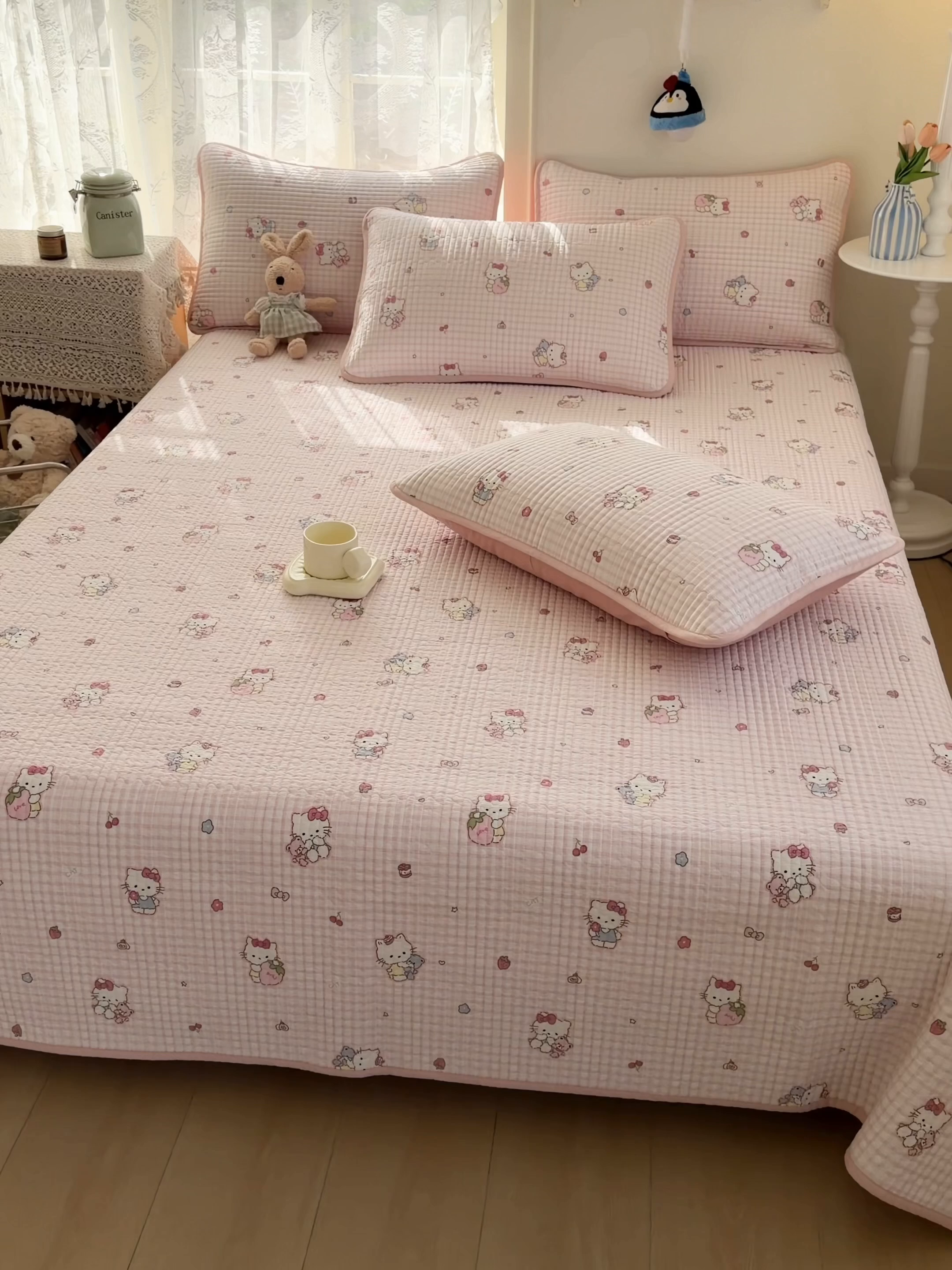 91家纺网 家纺一手货源 找家纺 茉夕家纺 2026新款春季双面纯棉印花单品床盖单件床盖 奶芙猫猫