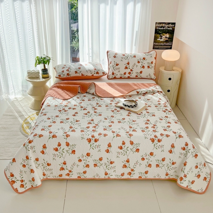 茉夕家纺 2026新款春季双面纯棉印花单品床盖单件床盖 石榴红了