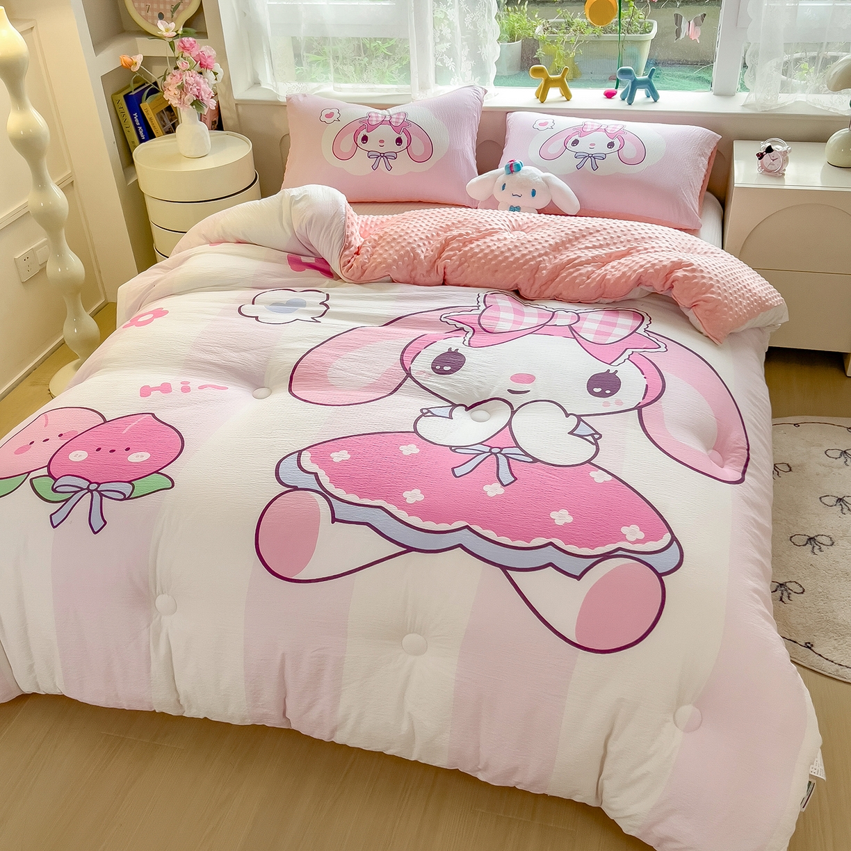 91家纺网 家纺一手货源 找家纺 好尚居 2026新款针织棉大版豆豆绒冬被被子被芯 莓朵兔