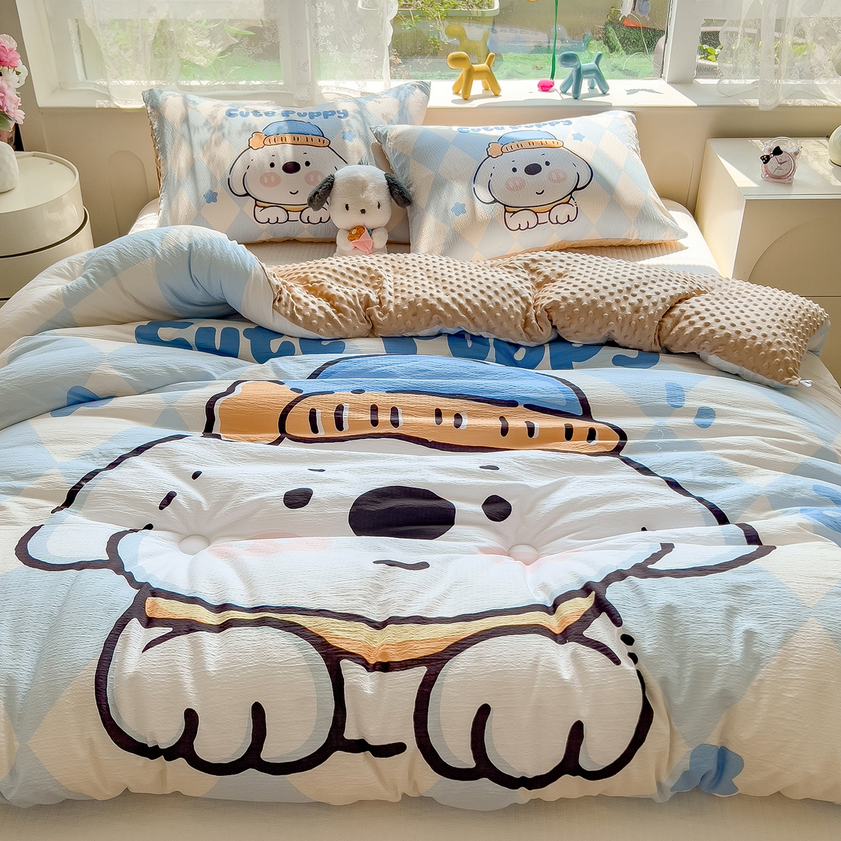 91家纺网 家纺一手货源 找家纺 好尚居 2026新款针织棉大版豆豆绒冬被被子被芯 呆萌小狗