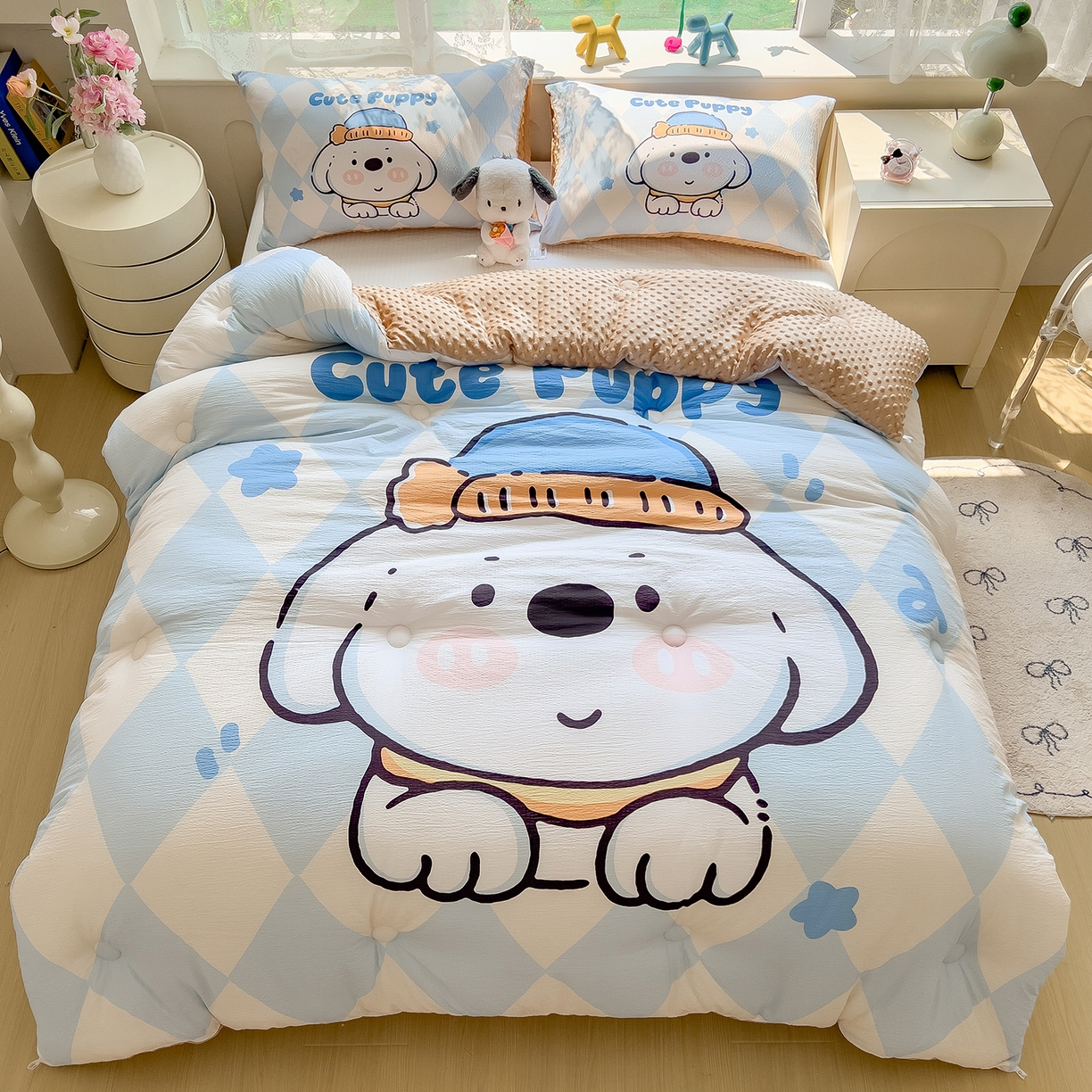 91家纺网 家纺一手货源 找家纺 好尚居 2026新款针织棉大版豆豆绒冬被被子被芯 呆萌小狗