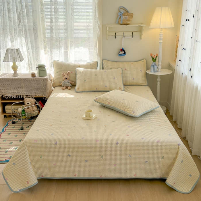 茉夕家纺 2026新款春季双面纯棉印花单品床盖单件床盖 夏日恋格（黄）