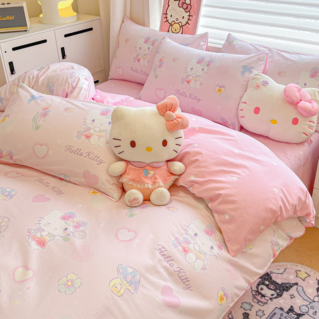 91家纺网 家纺一手货源 找家纺 暮思家居 2026新款正版授权三丽鸥全棉纯棉四件套系列-第一批 蘑菇凯蒂