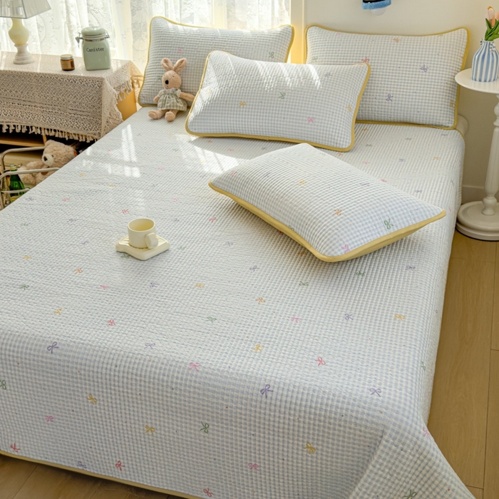 91家纺网 家纺一手货源 找家纺 茉夕家纺 2026新款春季双面纯棉印花单品床盖单件床盖 夏日恋格（蓝）