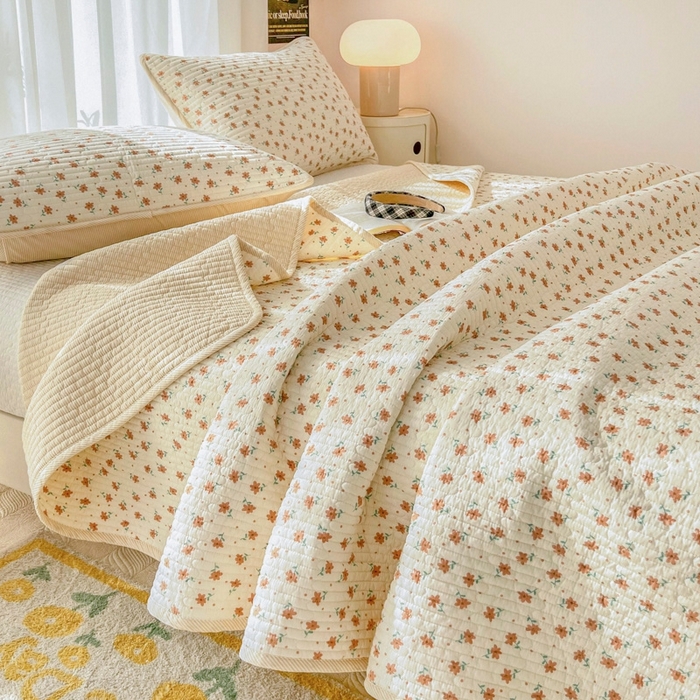 91家纺网 家纺一手货源 找家纺 茉夕家纺 2026新款春季双面纯棉印花单品床盖单件床盖 小花飘飘