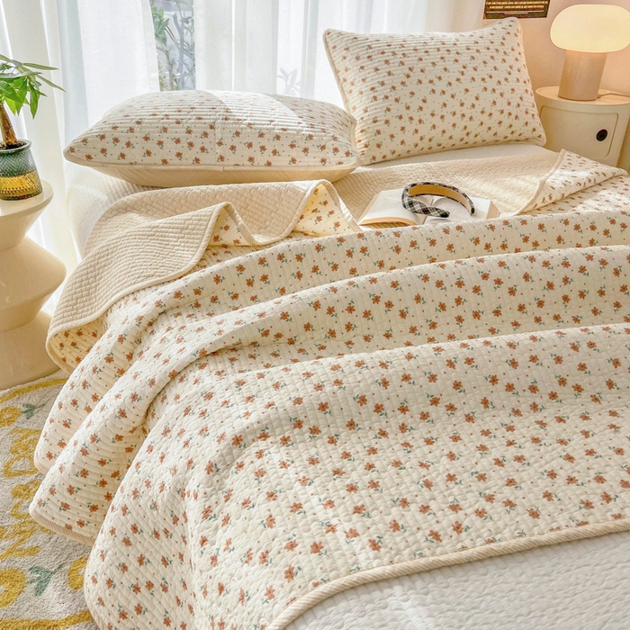 91家纺网 家纺一手货源 找家纺 茉夕家纺 2026新款春季双面纯棉印花单品床盖单件床盖 小花飘飘