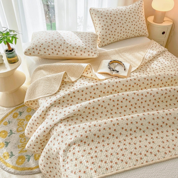 91家纺网 家纺一手货源 找家纺 茉夕家纺 2026新款春季双面纯棉印花单品床盖单件床盖 小花飘飘