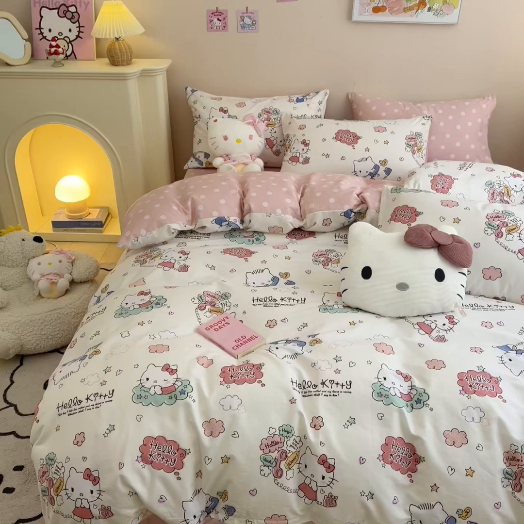 91家纺网 家纺一手货源 找家纺 暮思家居 2026新款正版授权三丽鸥全棉纯棉四件套系列-第一批 甜心KT