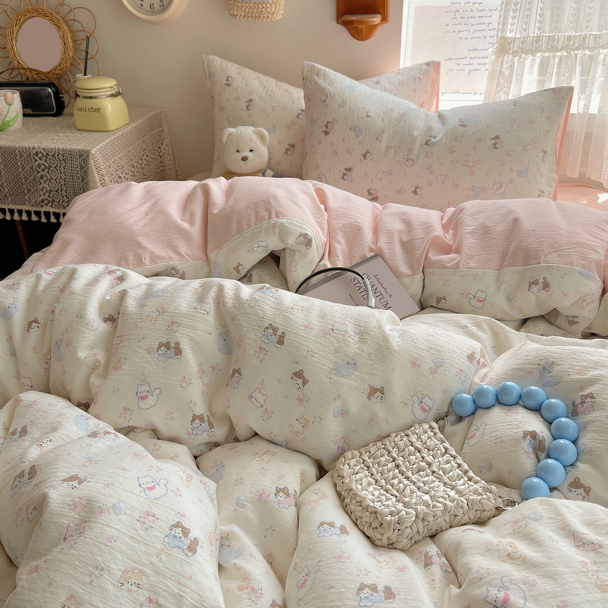 91家纺网 家纺一手货源 找家纺 （总）沐芷 2026 【提供买家秀】简约可爱双层纱四件套床上用品 单被套/四件套