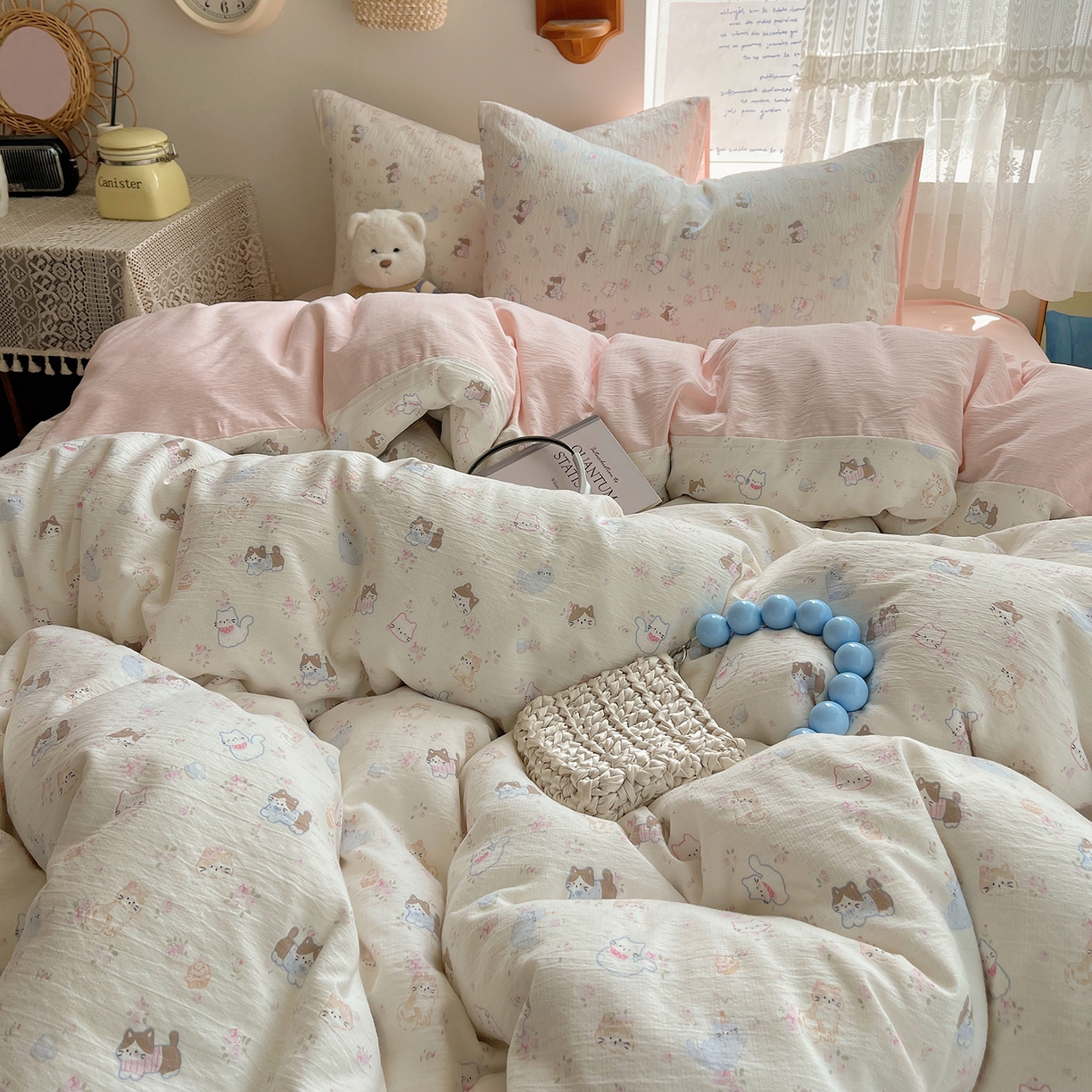 91家纺网 家纺一手货源 找家纺 （总）沐芷 2026 【提供买家秀】简约可爱双层纱四件套床上用品 单被套/四件套