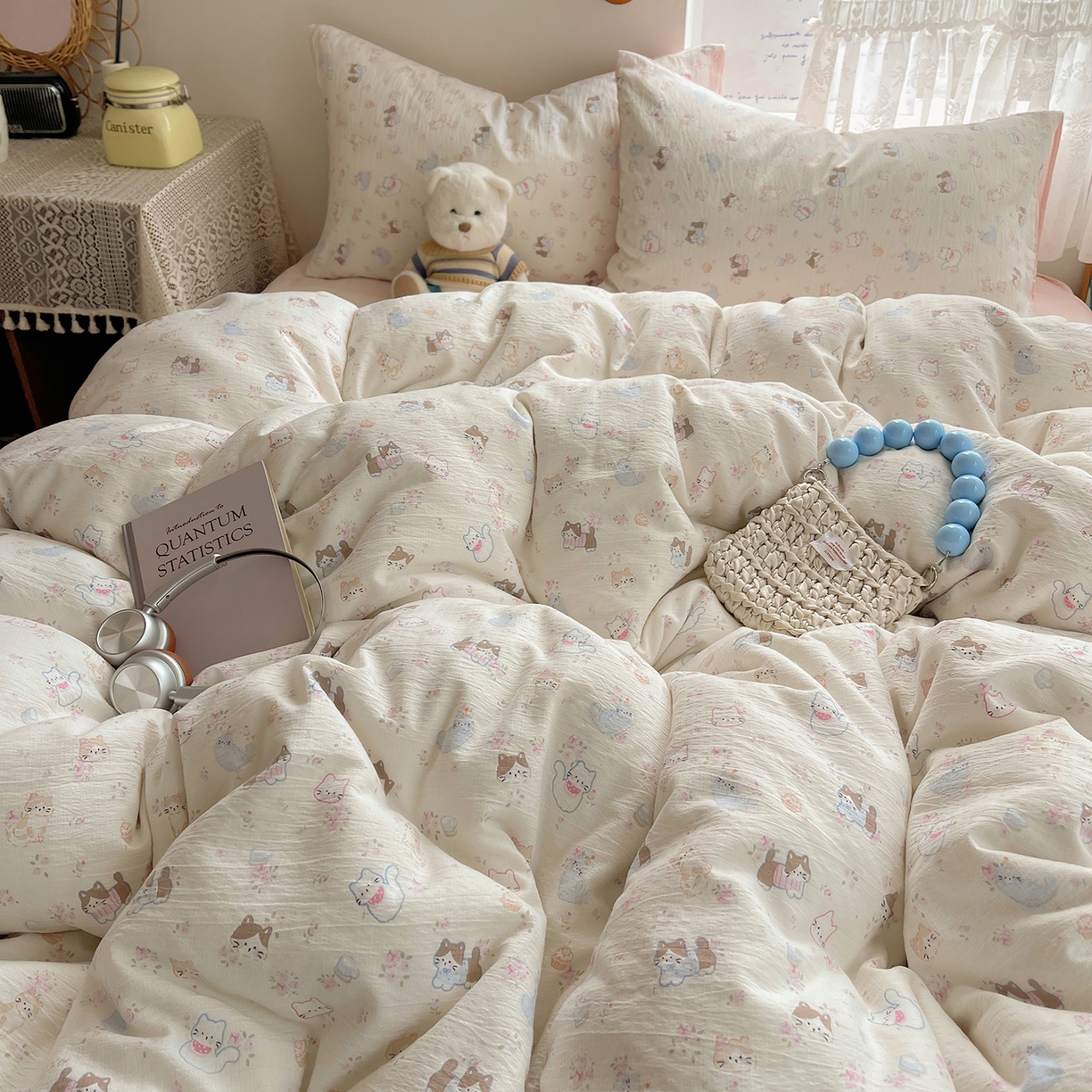 91家纺网 家纺一手货源 找家纺 （总）沐芷 2026 【提供买家秀】简约可爱双层纱四件套床上用品 单被套/四件套