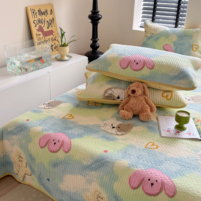 91家纺网 家纺一手货源 找家纺 茉夕家纺 2026新款春季双面纯棉印花单品床盖单件床盖 小猫阿狗