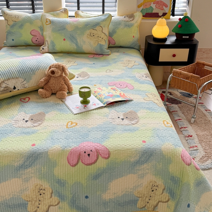 91家纺网 家纺一手货源 找家纺 茉夕家纺 2026新款春季双面纯棉印花单品床盖单件床盖 小猫阿狗