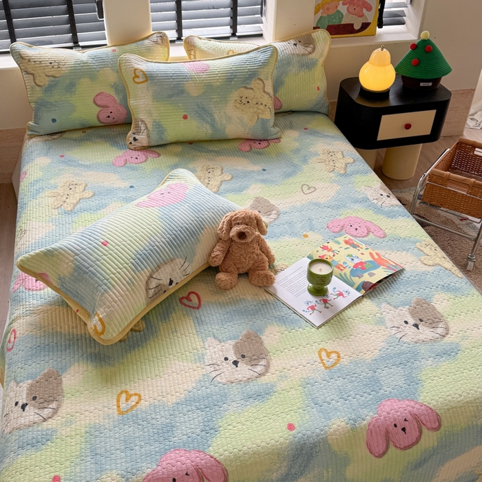 91家纺网 家纺一手货源 找家纺 茉夕家纺 2026新款春季双面纯棉印花单品床盖单件床盖 小猫阿狗