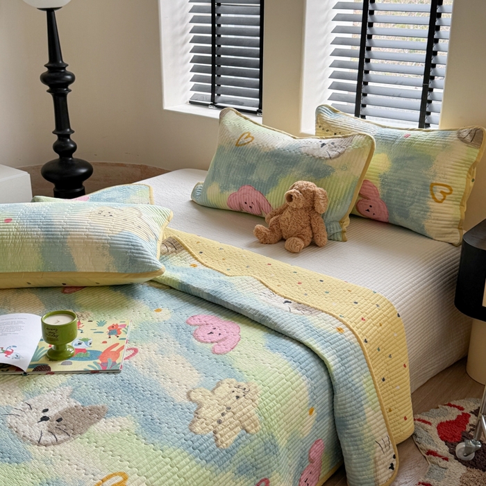 91家纺网 家纺一手货源 找家纺 茉夕家纺 2026新款春季双面纯棉印花单品床盖单件床盖 小猫阿狗