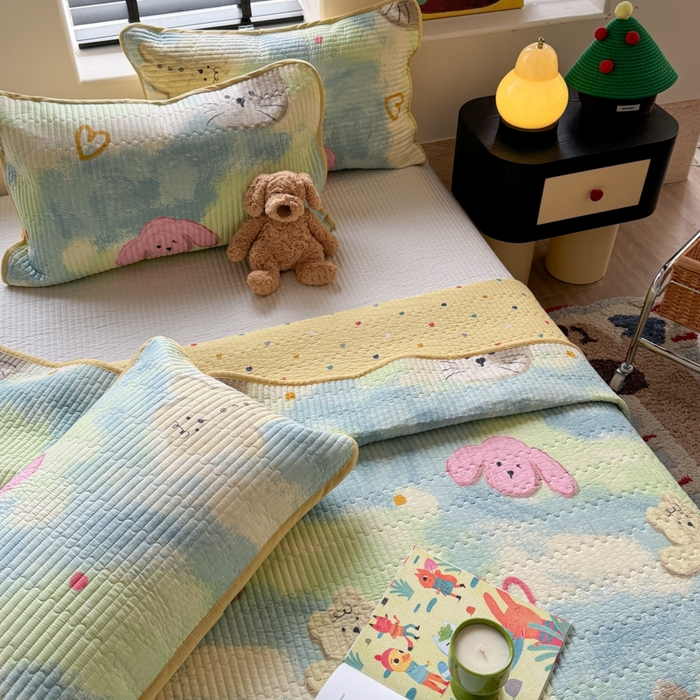 91家纺网 家纺一手货源 找家纺 茉夕家纺 2026新款春季双面纯棉印花单品床盖单件床盖 小猫阿狗