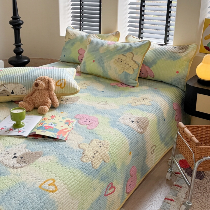 91家纺网 家纺一手货源 找家纺 茉夕家纺 2026新款春季双面纯棉印花单品床盖单件床盖 小猫阿狗