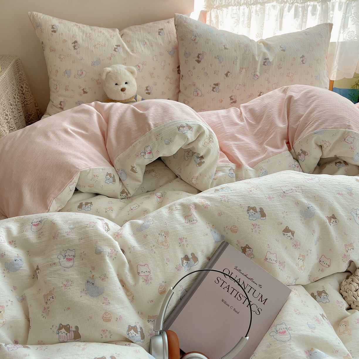 91家纺网 家纺一手货源 找家纺 沐芷 2026 【提供买家秀】简约可爱双层纱四件套床上用品 单被套/四件套 彼岸-晴天小猫