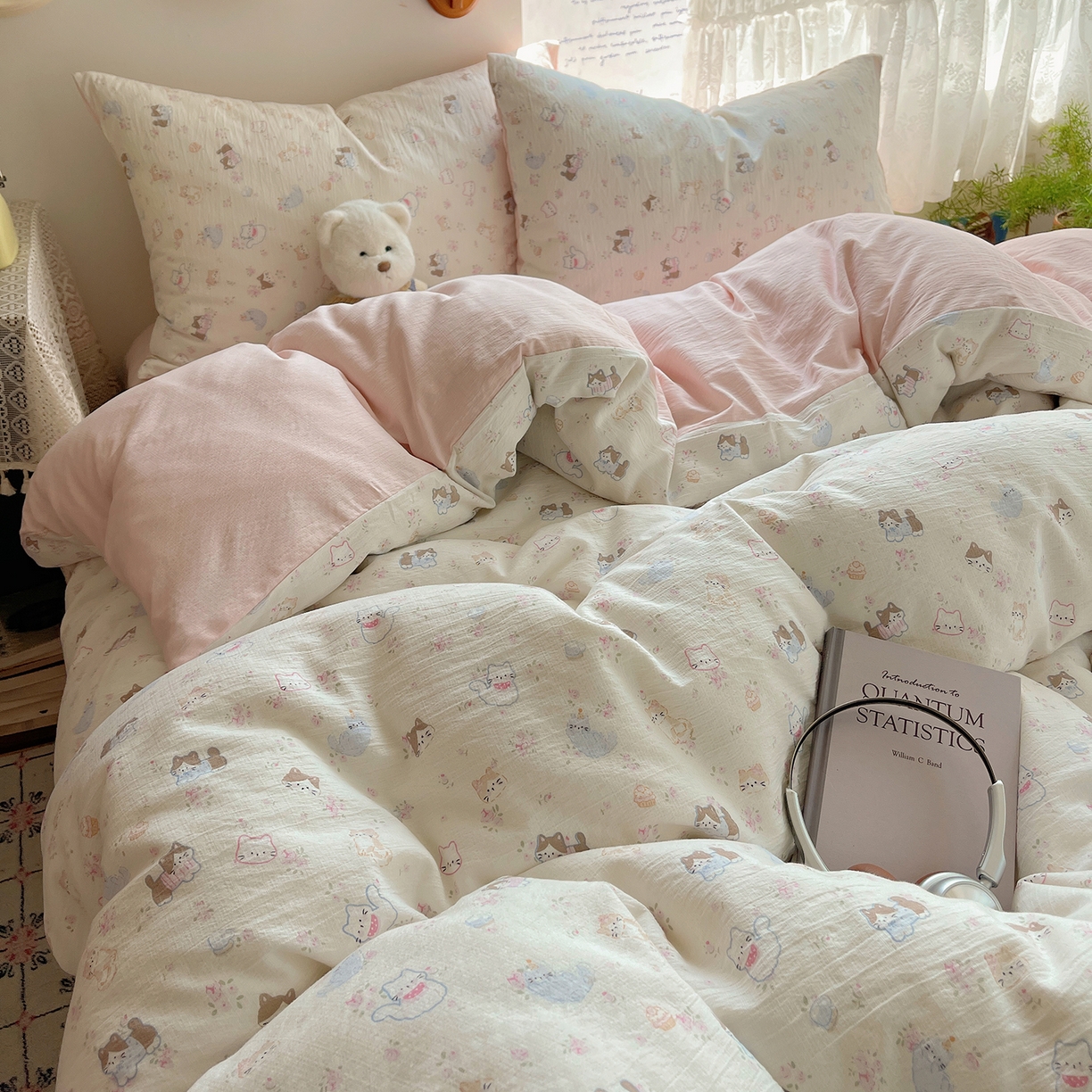 91家纺网 家纺一手货源 找家纺 沐芷 2026 【提供买家秀】简约可爱双层纱四件套床上用品 单被套/四件套 彼岸-晴天小猫