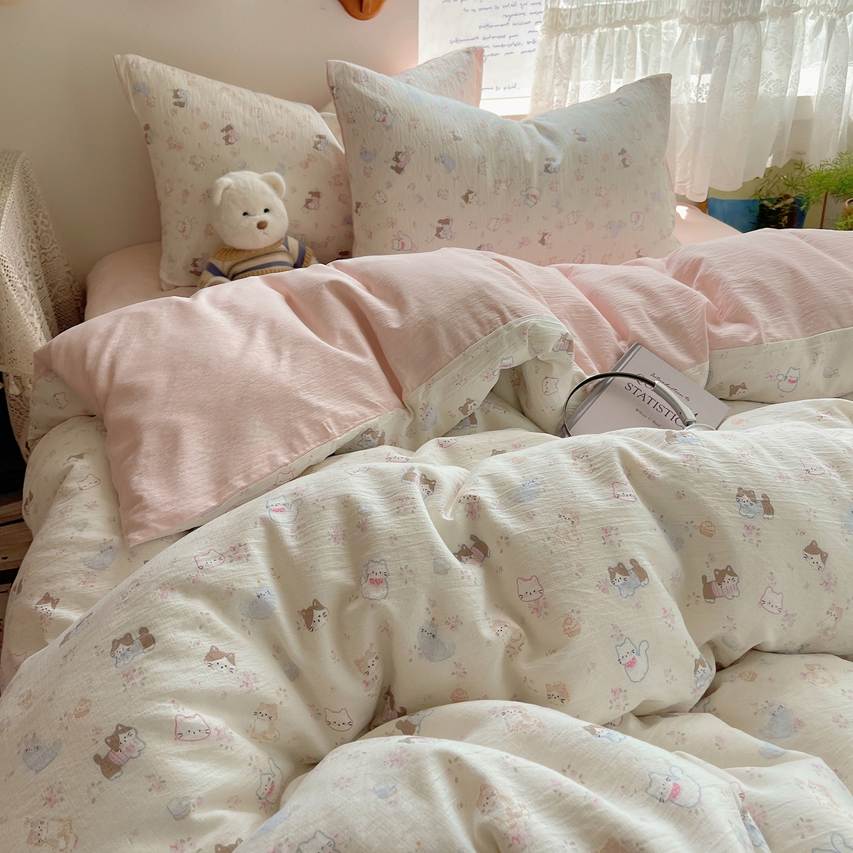 91家纺网 家纺一手货源 找家纺 沐芷 2026 【提供买家秀】简约可爱双层纱四件套床上用品 单被套/四件套 彼岸-晴天小猫