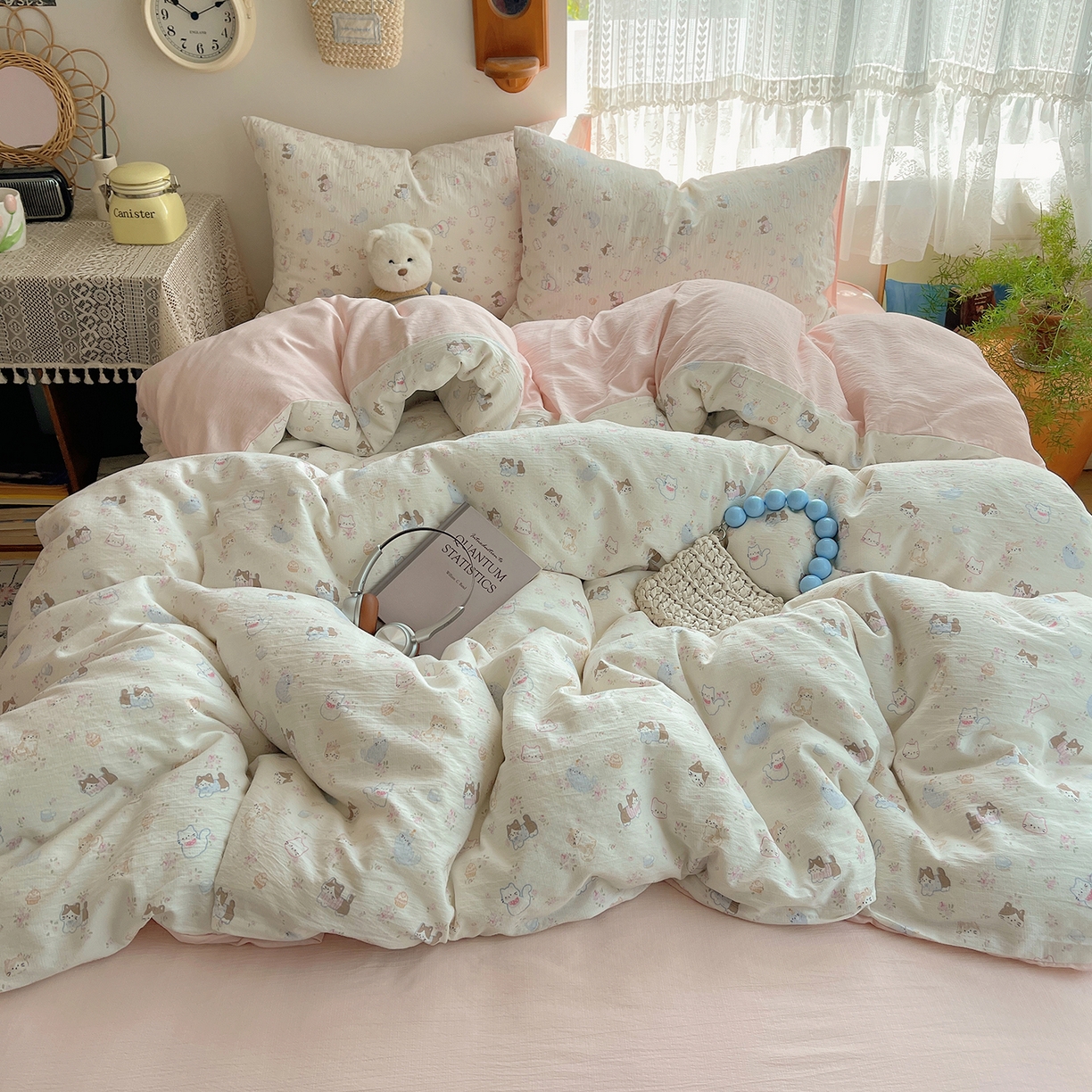 91家纺网 家纺一手货源 找家纺 沐芷 2026 【提供买家秀】简约可爱双层纱四件套床上用品 单被套/四件套 彼岸-晴天小猫