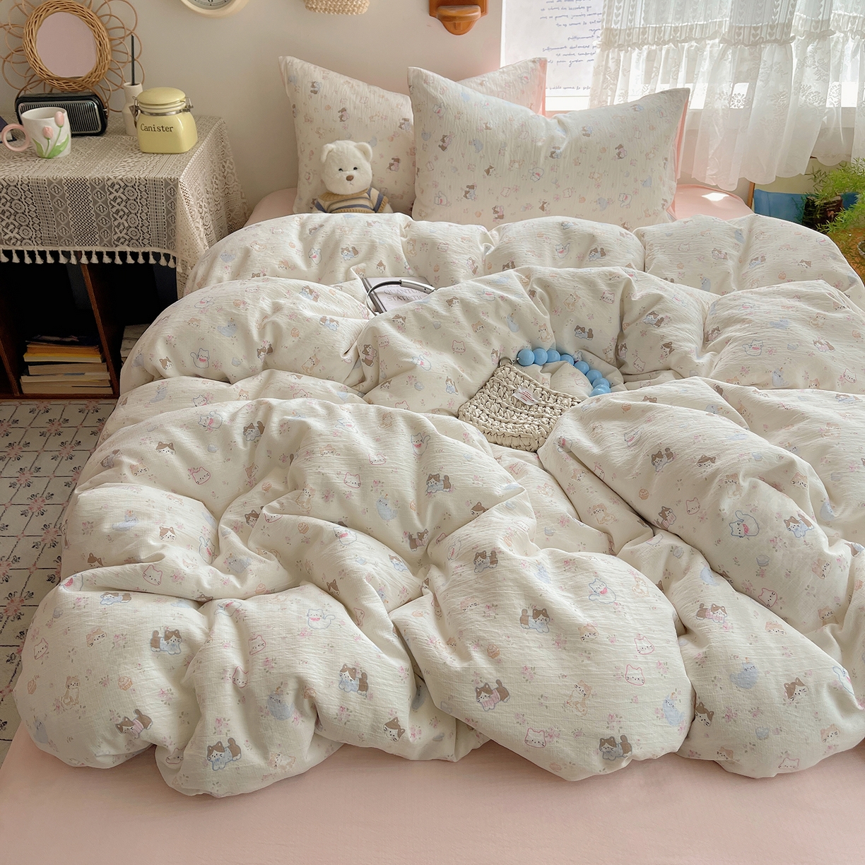 91家纺网 家纺一手货源 找家纺 沐芷 2026 【提供买家秀】简约可爱双层纱四件套床上用品 单被套/四件套 彼岸-晴天小猫