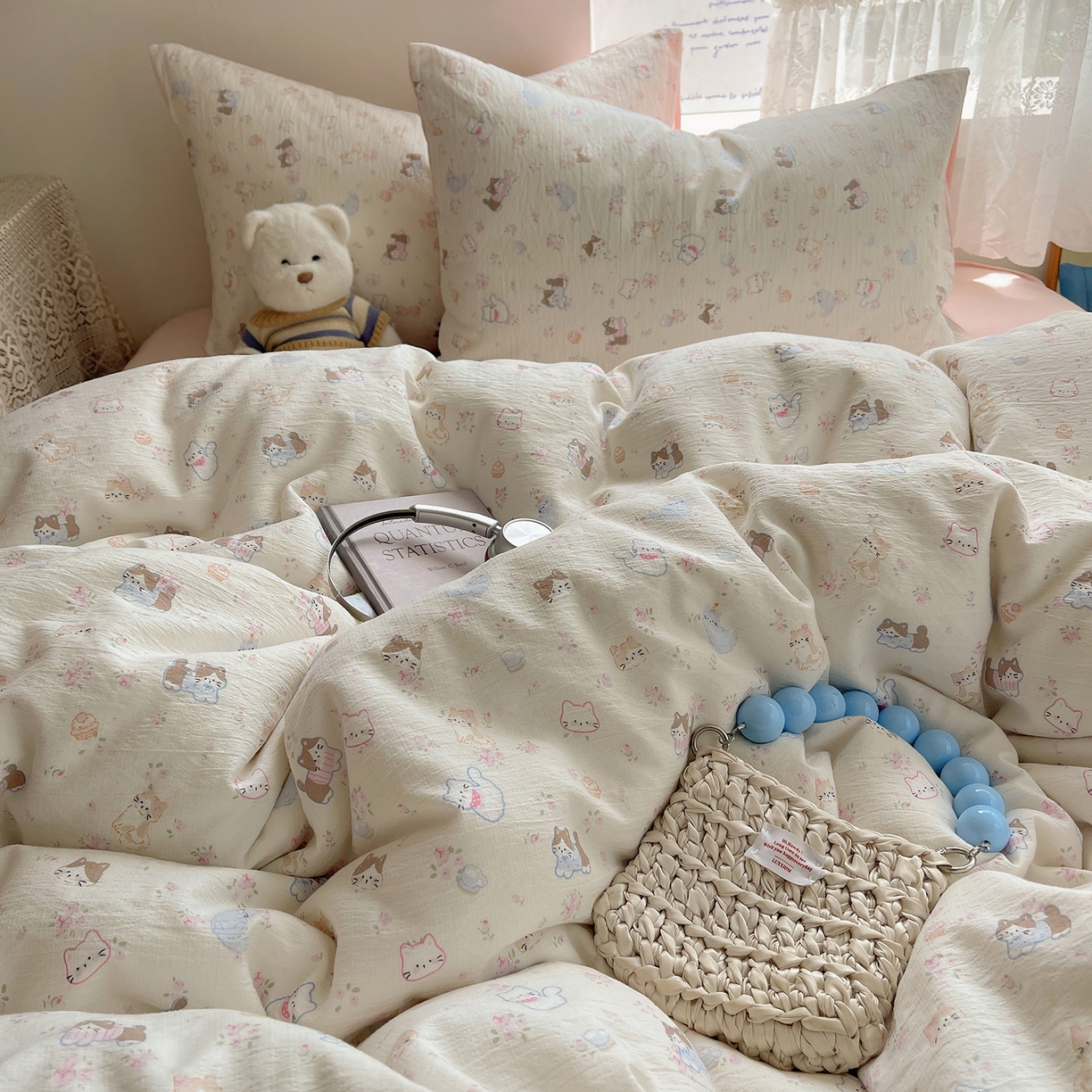 91家纺网 家纺一手货源 找家纺 沐芷 2026 【提供买家秀】简约可爱双层纱四件套床上用品 单被套/四件套 彼岸-晴天小猫