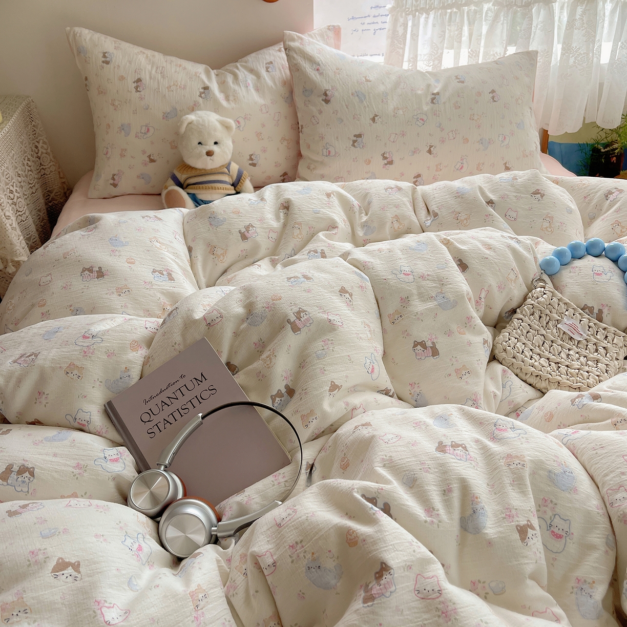 91家纺网 家纺一手货源 找家纺 沐芷 2026 【提供买家秀】简约可爱双层纱四件套床上用品 单被套/四件套 彼岸-晴天小猫