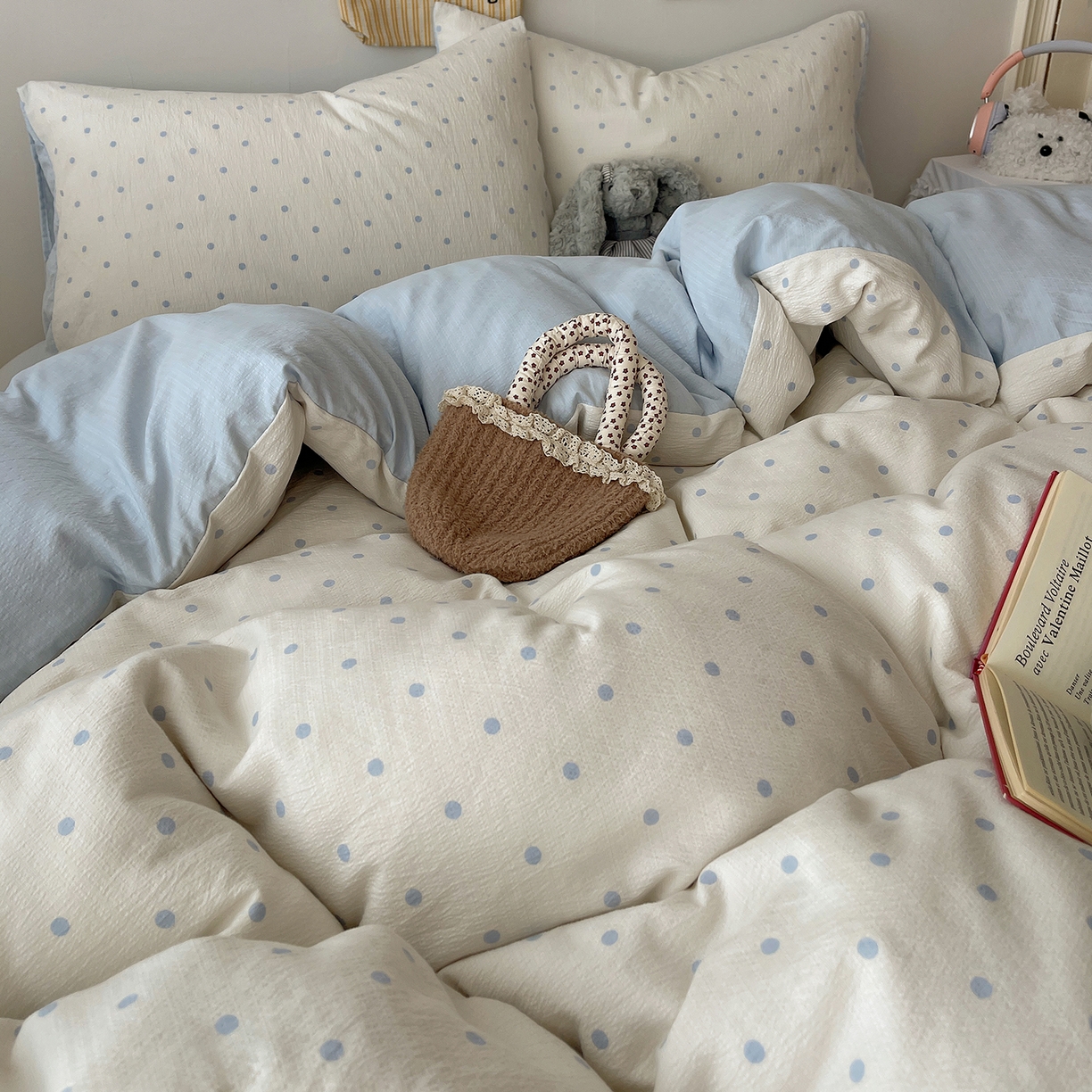 91家纺网 家纺一手货源 找家纺 沐芷 2026 【提供买家秀】简约可爱双层纱四件套床上用品 单被套/四件套 彼岸-海盐波点