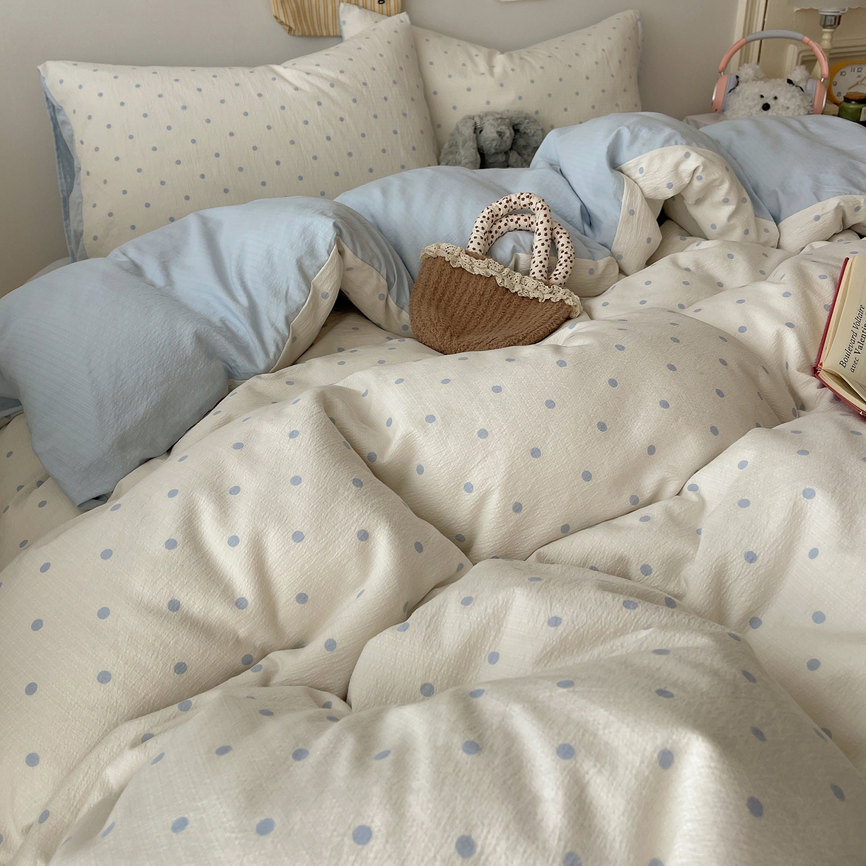 91家纺网 家纺一手货源 找家纺 沐芷 2026 【提供买家秀】简约可爱双层纱四件套床上用品 单被套/四件套 彼岸-海盐波点