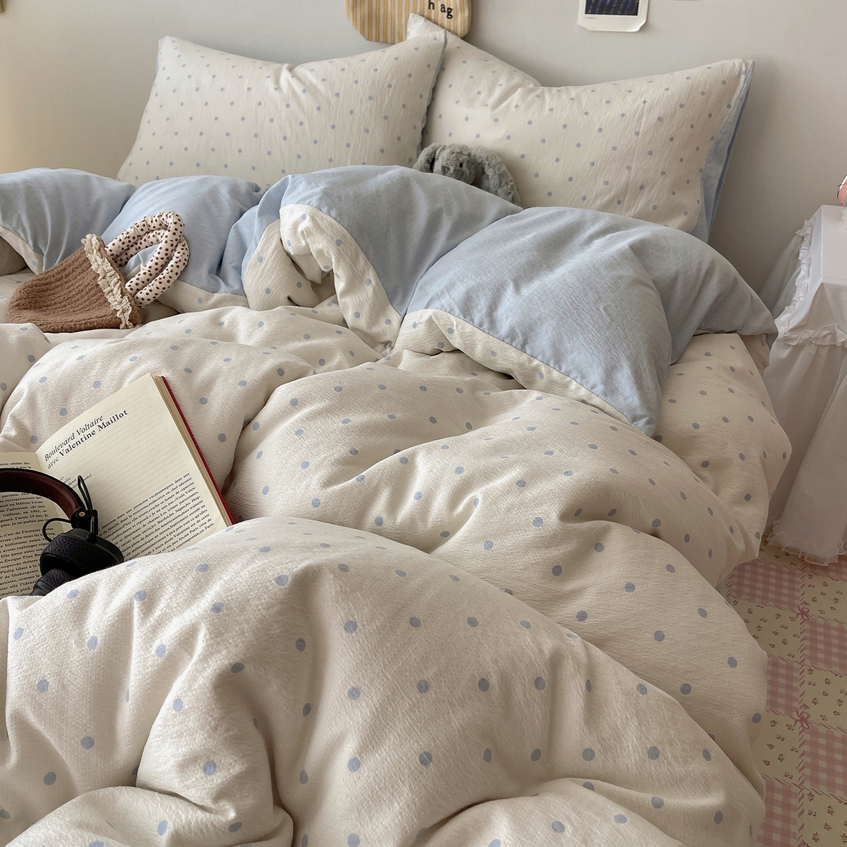 91家纺网 家纺一手货源 找家纺 沐芷 2026 【提供买家秀】简约可爱双层纱四件套床上用品 单被套/四件套 彼岸-海盐波点