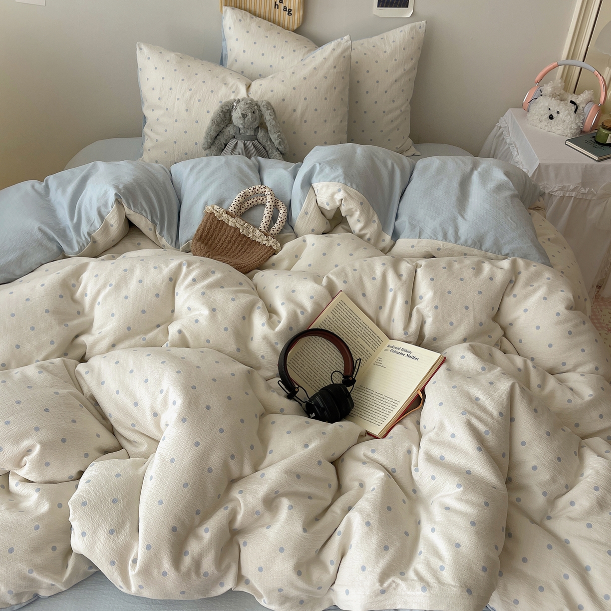 91家纺网 家纺一手货源 找家纺 沐芷 2026 【提供买家秀】简约可爱双层纱四件套床上用品 单被套/四件套 彼岸-海盐波点