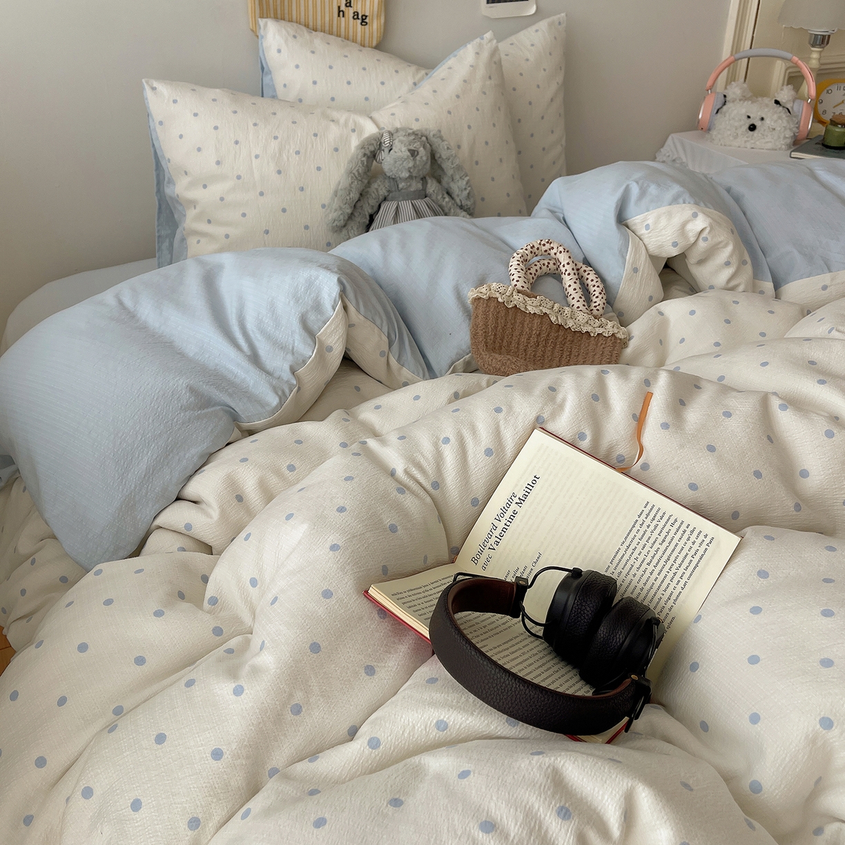 91家纺网 家纺一手货源 找家纺 沐芷 2026 【提供买家秀】简约可爱双层纱四件套床上用品 单被套/四件套 彼岸-海盐波点