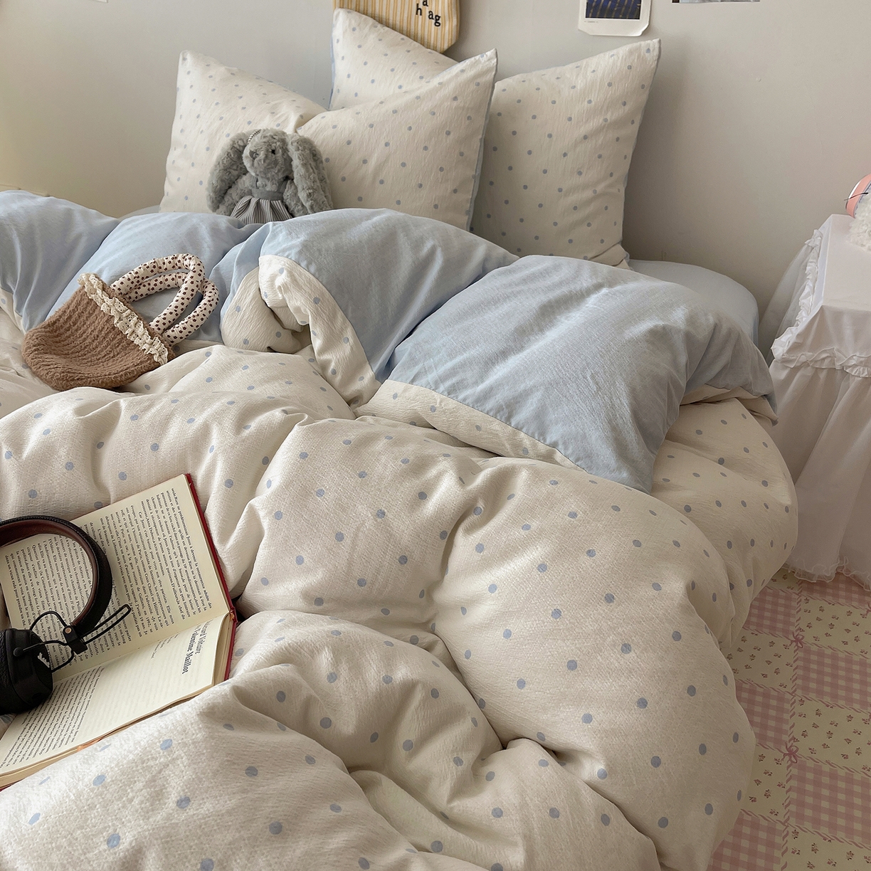 91家纺网 家纺一手货源 找家纺 沐芷 2026 【提供买家秀】简约可爱双层纱四件套床上用品 单被套/四件套 彼岸-海盐波点