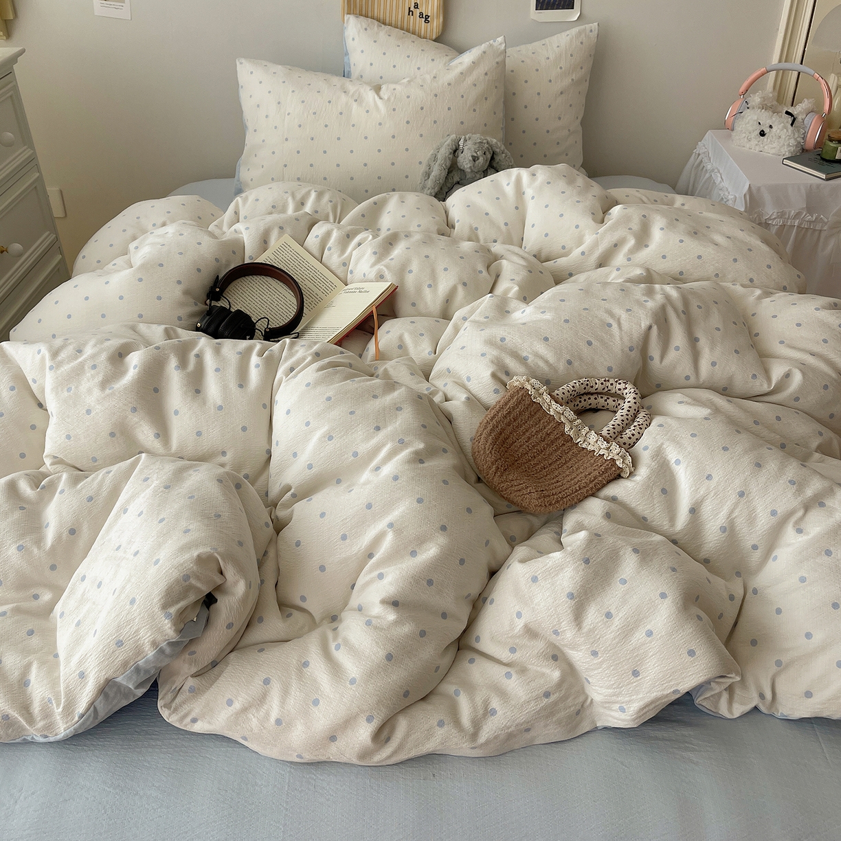 91家纺网 家纺一手货源 找家纺 沐芷 2026 【提供买家秀】简约可爱双层纱四件套床上用品 单被套/四件套 彼岸-海盐波点