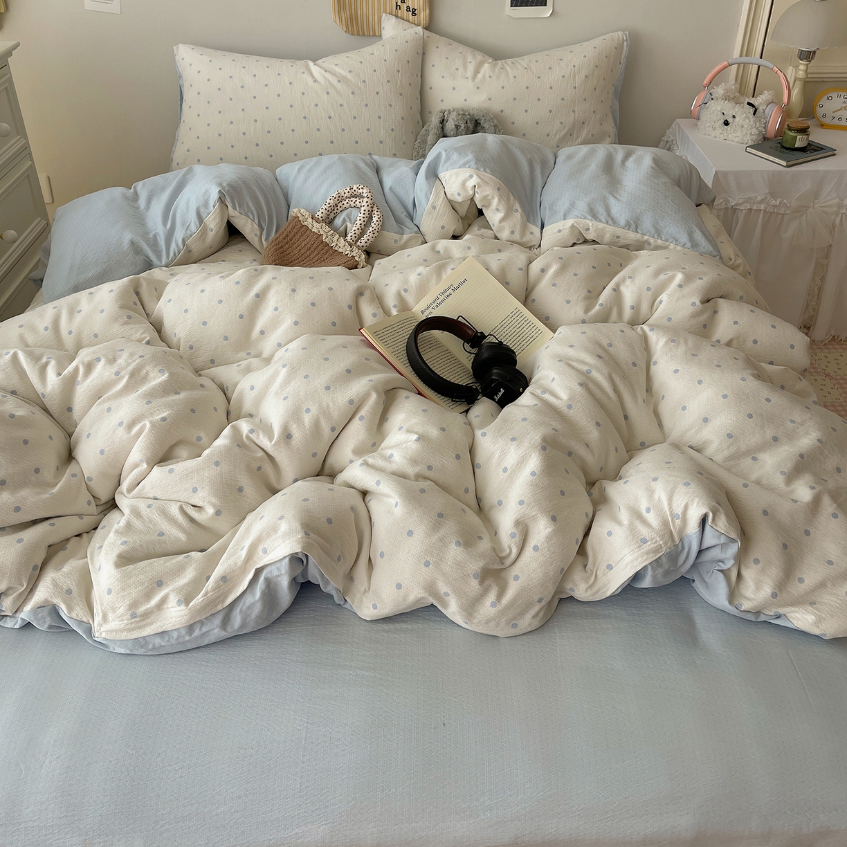 91家纺网 家纺一手货源 找家纺 沐芷 2026 【提供买家秀】简约可爱双层纱四件套床上用品 单被套/四件套 彼岸-海盐波点