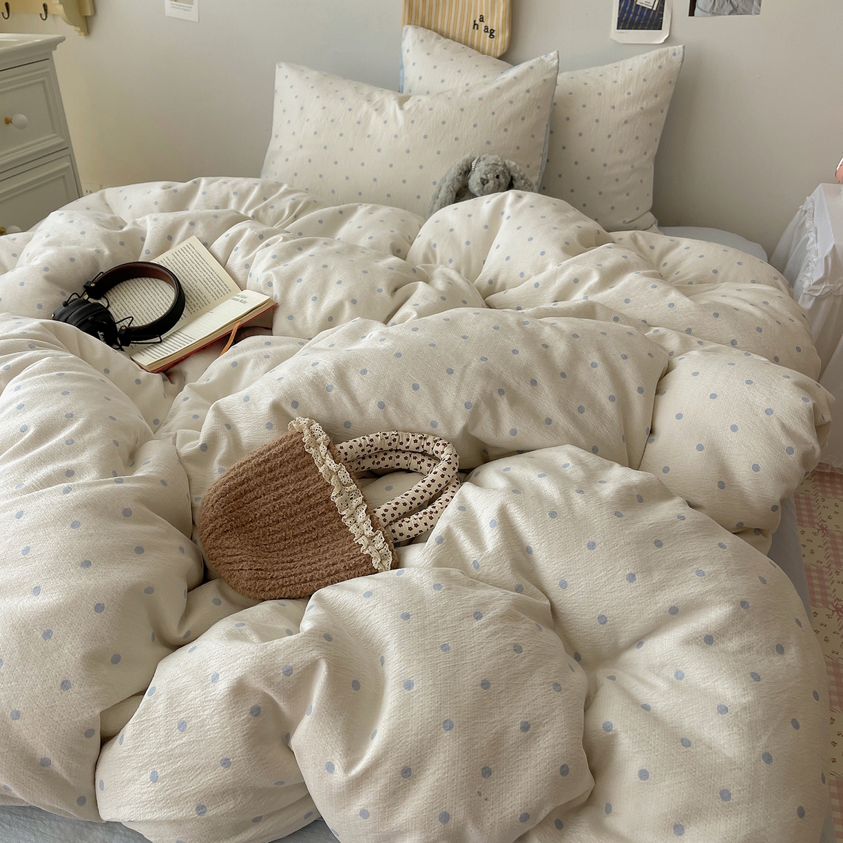 91家纺网 家纺一手货源 找家纺 沐芷 2026 【提供买家秀】简约可爱双层纱四件套床上用品 单被套/四件套 彼岸-海盐波点