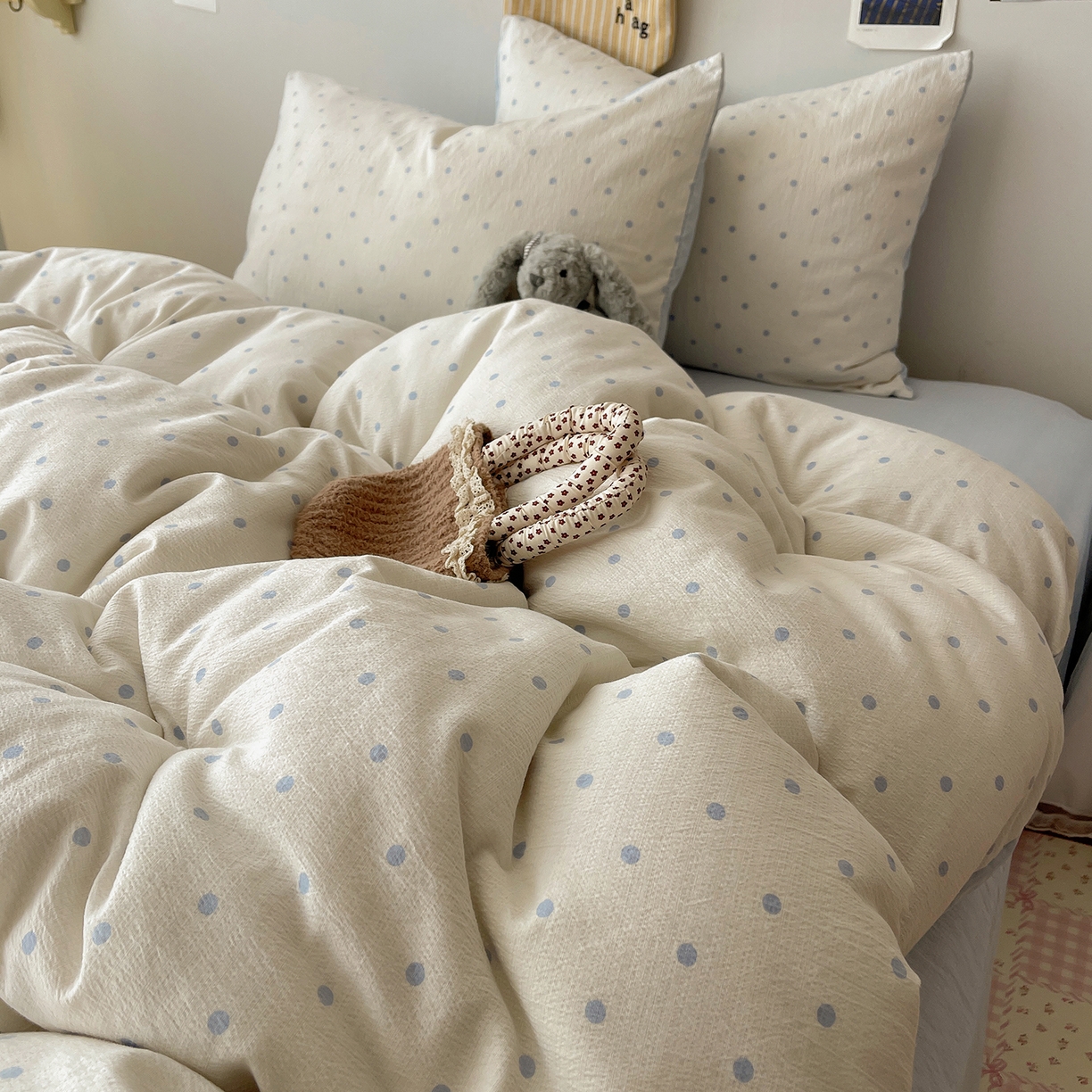 91家纺网 家纺一手货源 找家纺 沐芷 2026 【提供买家秀】简约可爱双层纱四件套床上用品 单被套/四件套 彼岸-海盐波点