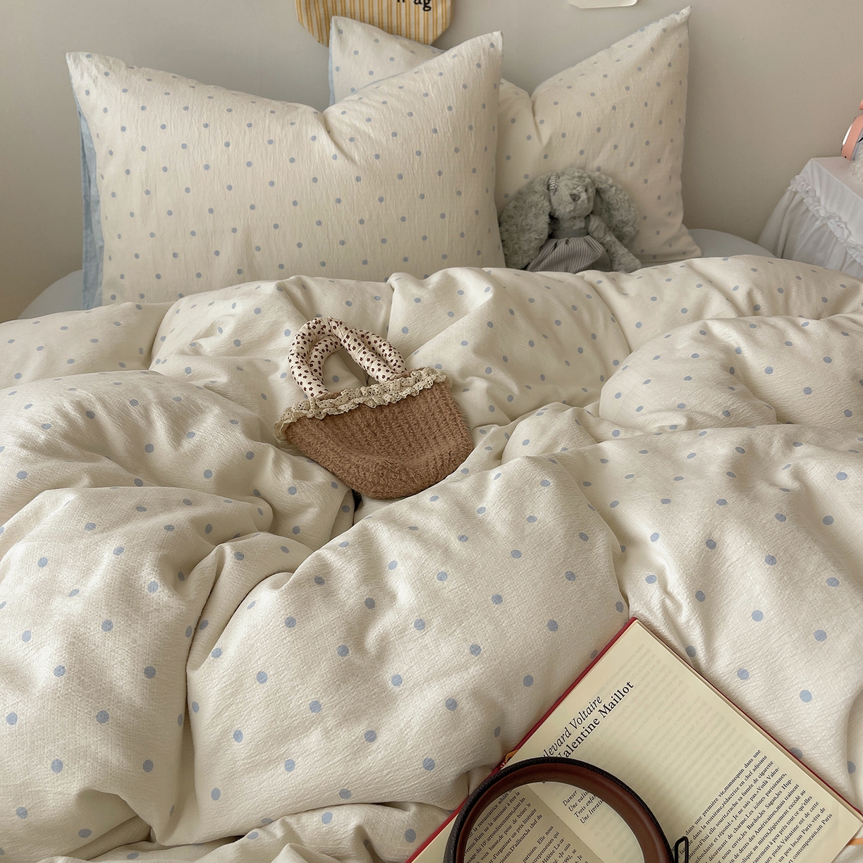 91家纺网 家纺一手货源 找家纺 沐芷 2026 【提供买家秀】简约可爱双层纱四件套床上用品 单被套/四件套 彼岸-海盐波点