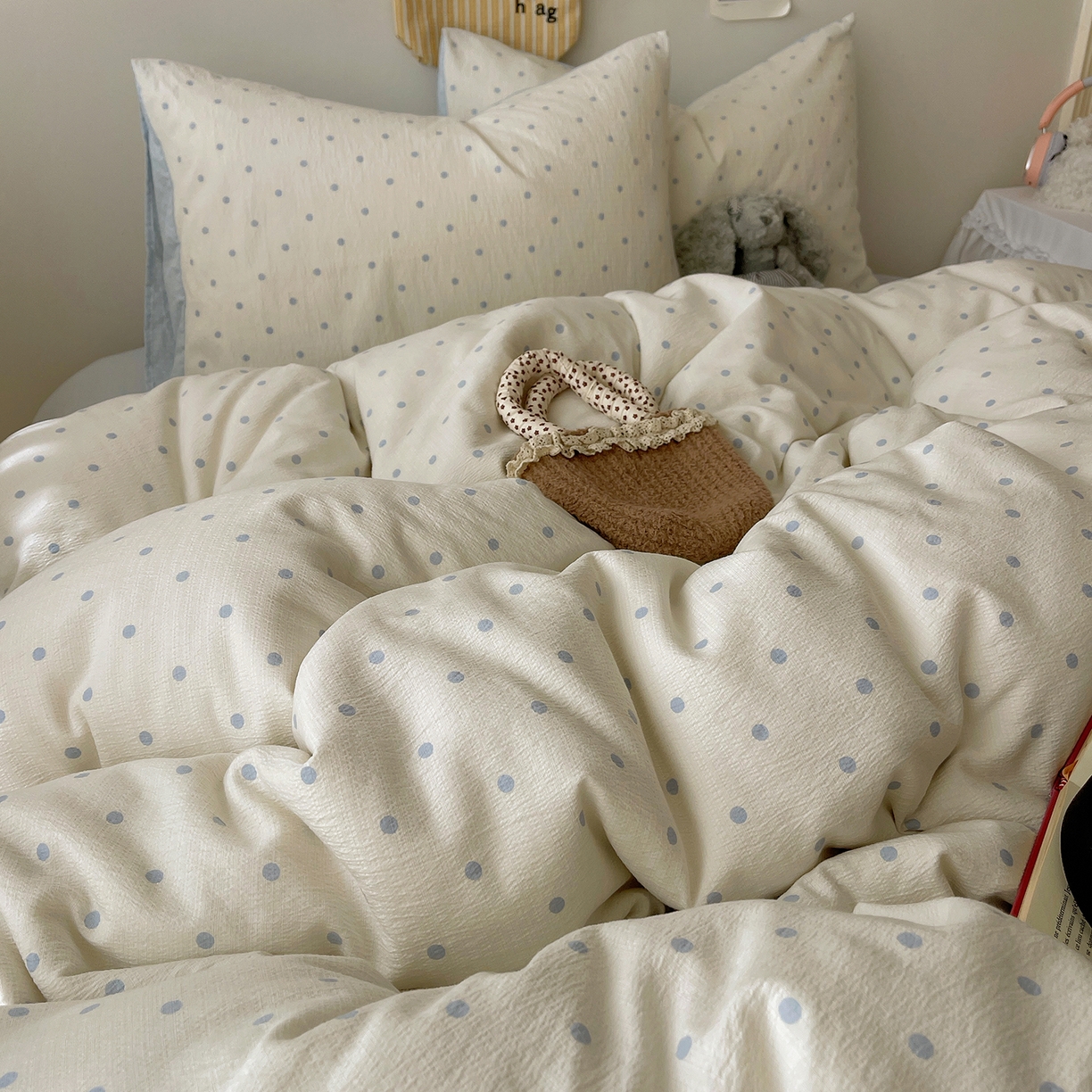 91家纺网 家纺一手货源 找家纺 沐芷 2026 【提供买家秀】简约可爱双层纱四件套床上用品 单被套/四件套 彼岸-海盐波点