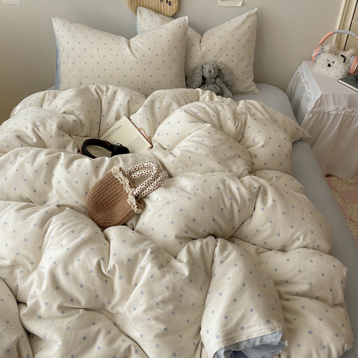 91家纺网 家纺一手货源 找家纺 沐芷 2026 【提供买家秀】简约可爱双层纱四件套床上用品 单被套/四件套 彼岸-海盐波点