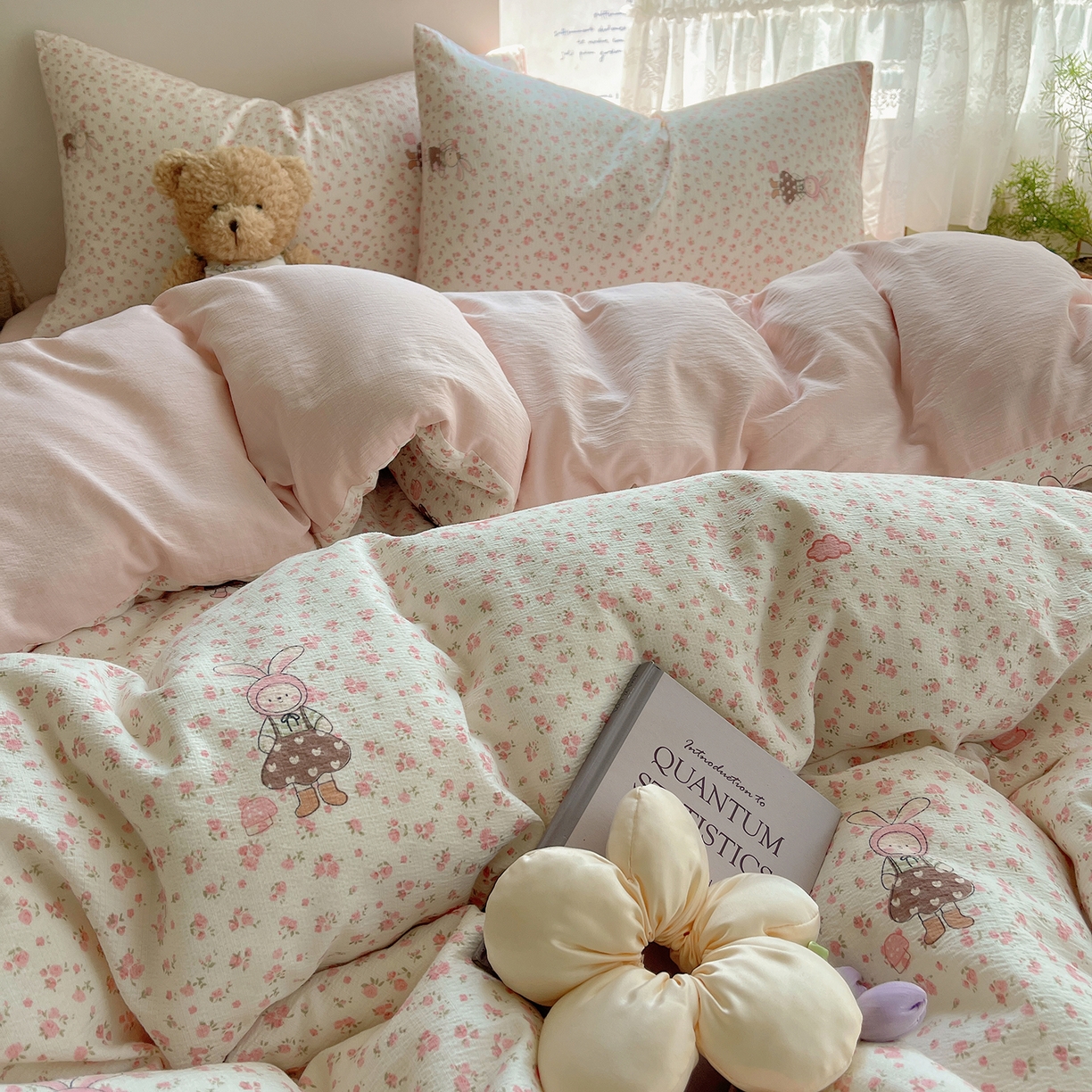 91家纺网 家纺一手货源 找家纺 沐芷 2026 【提供买家秀】简约可爱双层纱四件套床上用品 单被套/四件套 彼岸-芭比兔