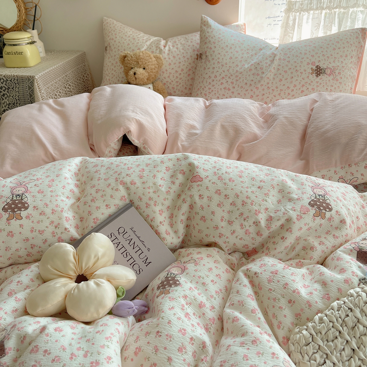 91家纺网 家纺一手货源 找家纺 沐芷 2026 【提供买家秀】简约可爱双层纱四件套床上用品 单被套/四件套 彼岸-芭比兔