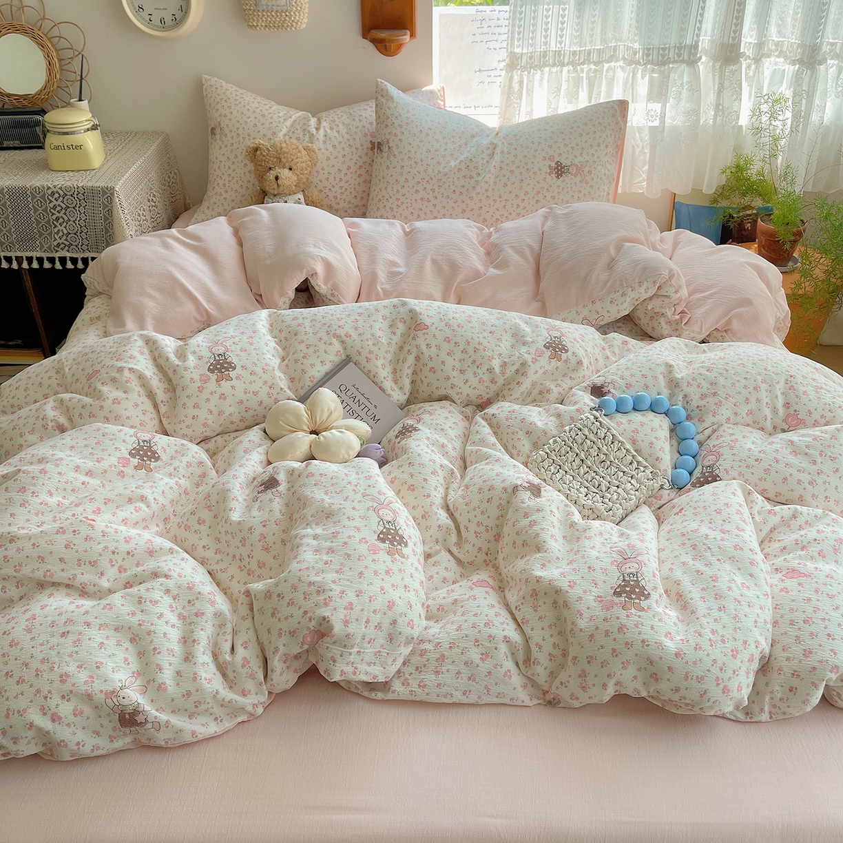 91家纺网 家纺一手货源 找家纺 沐芷 2026 【提供买家秀】简约可爱双层纱四件套床上用品 单被套/四件套 彼岸-芭比兔