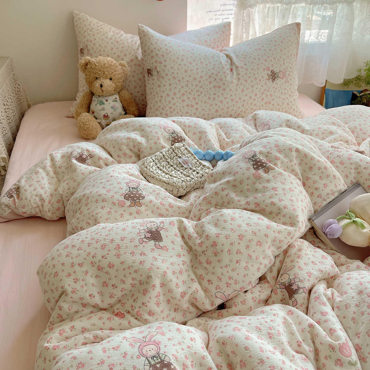 91家纺网 家纺一手货源 找家纺 沐芷 2026 【提供买家秀】简约可爱双层纱四件套床上用品 单被套/四件套 彼岸-芭比兔